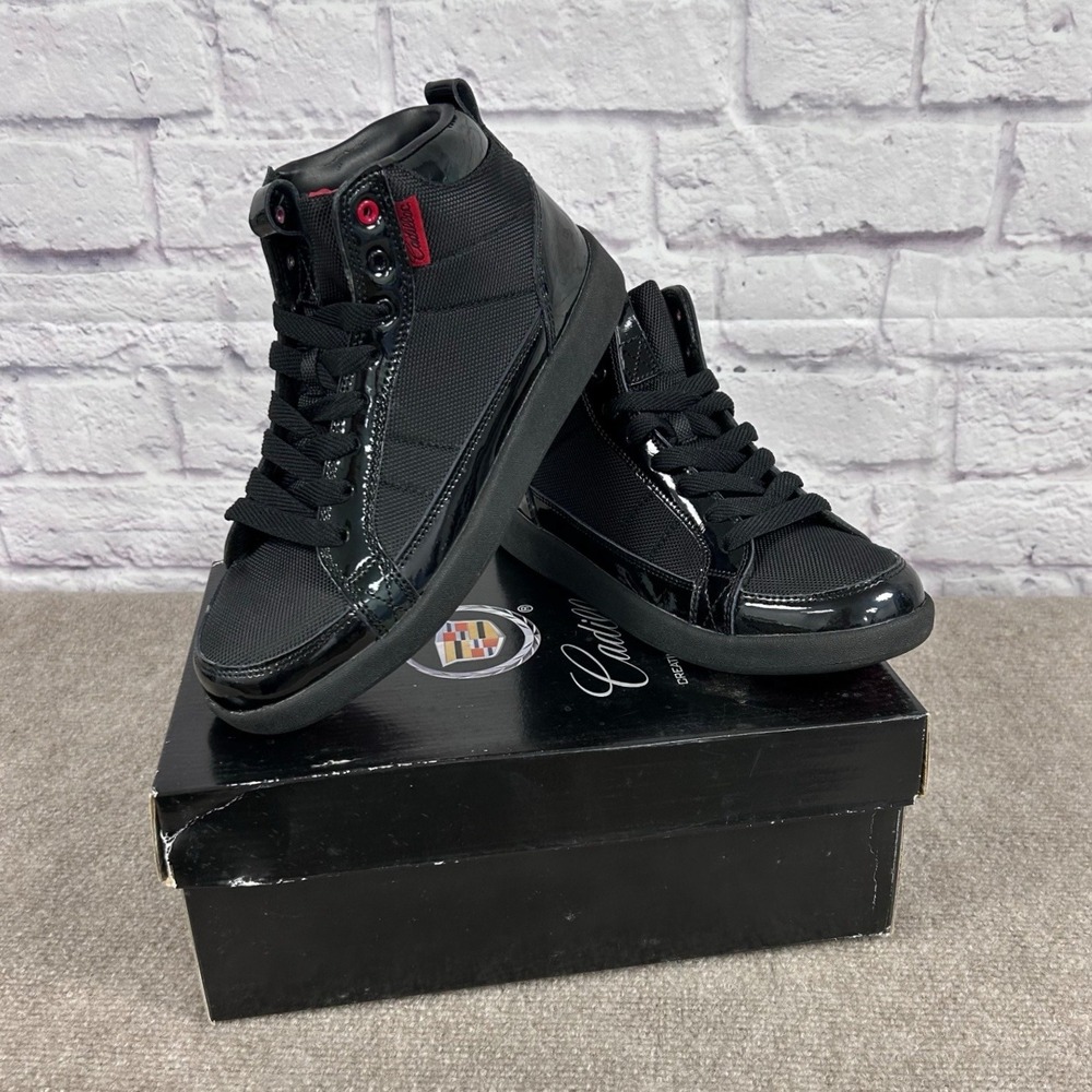 RARE Vintage Cadillac‎ Kids High Top Sneakers Black Patent Logo Lace Up Size 4